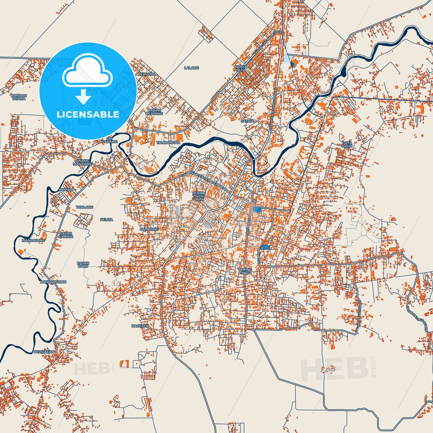 Colorful Tebing Tinggi Street Map with Labels and Buildings