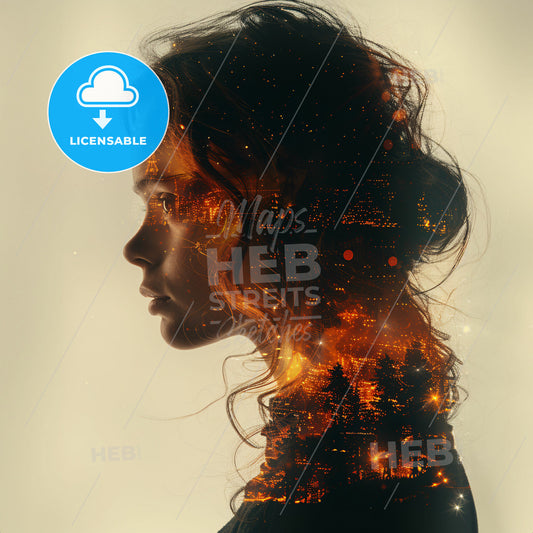 Technological Transformations: Shaping Tomorrow - A womans profile with a double exposure of a forest and fire