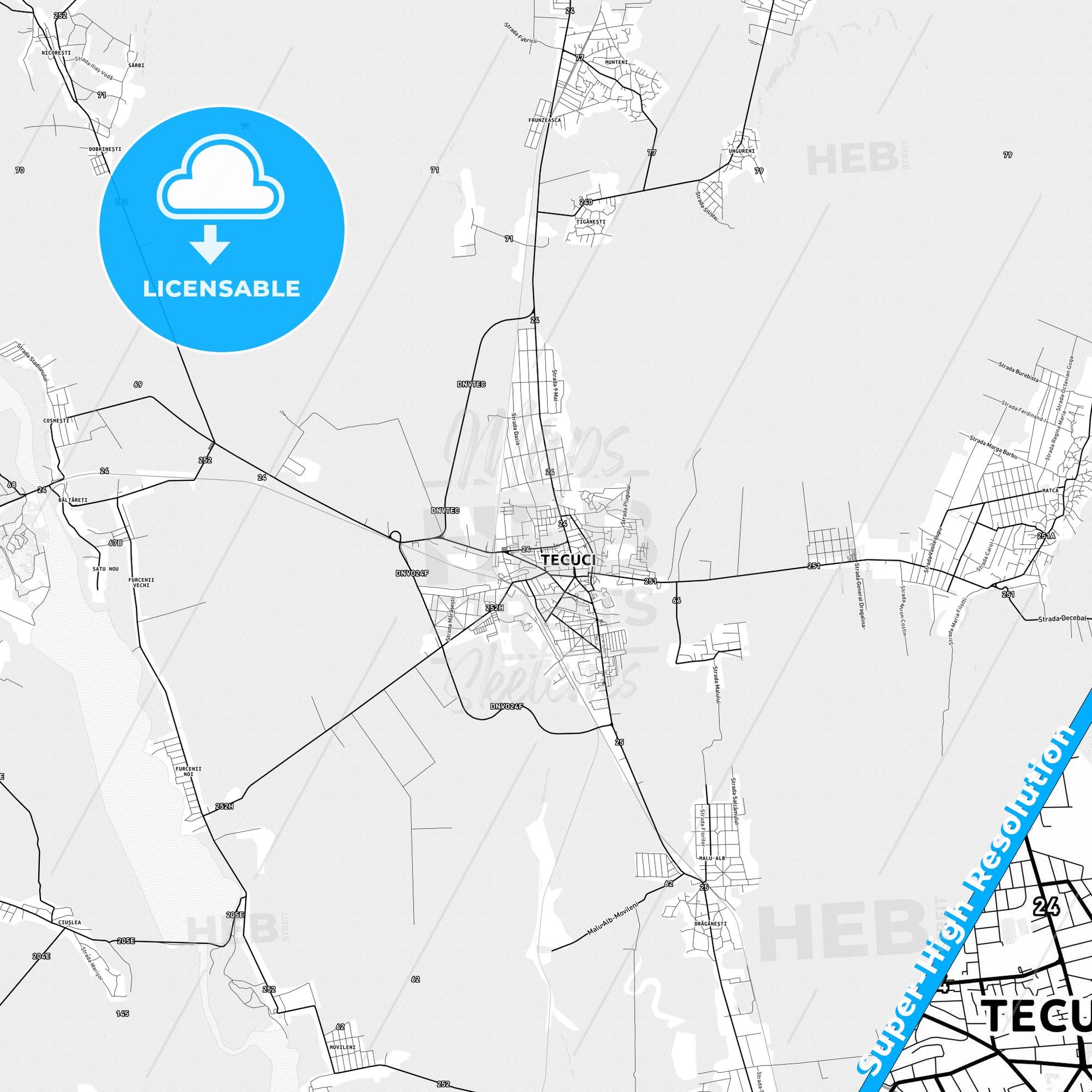 Tecuci, Romania light map with streetnames, citynames and districts