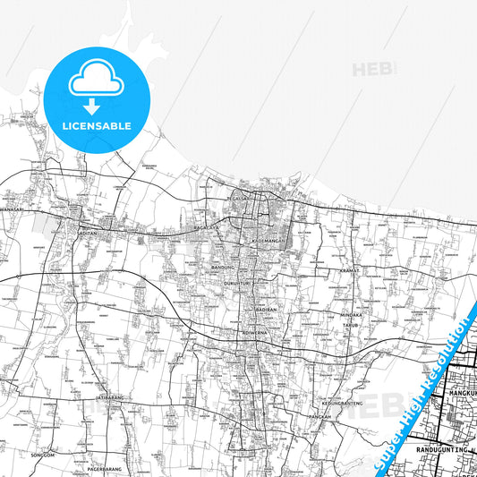 Tegal, Indonesia light map with streetnames, citynames and districts
