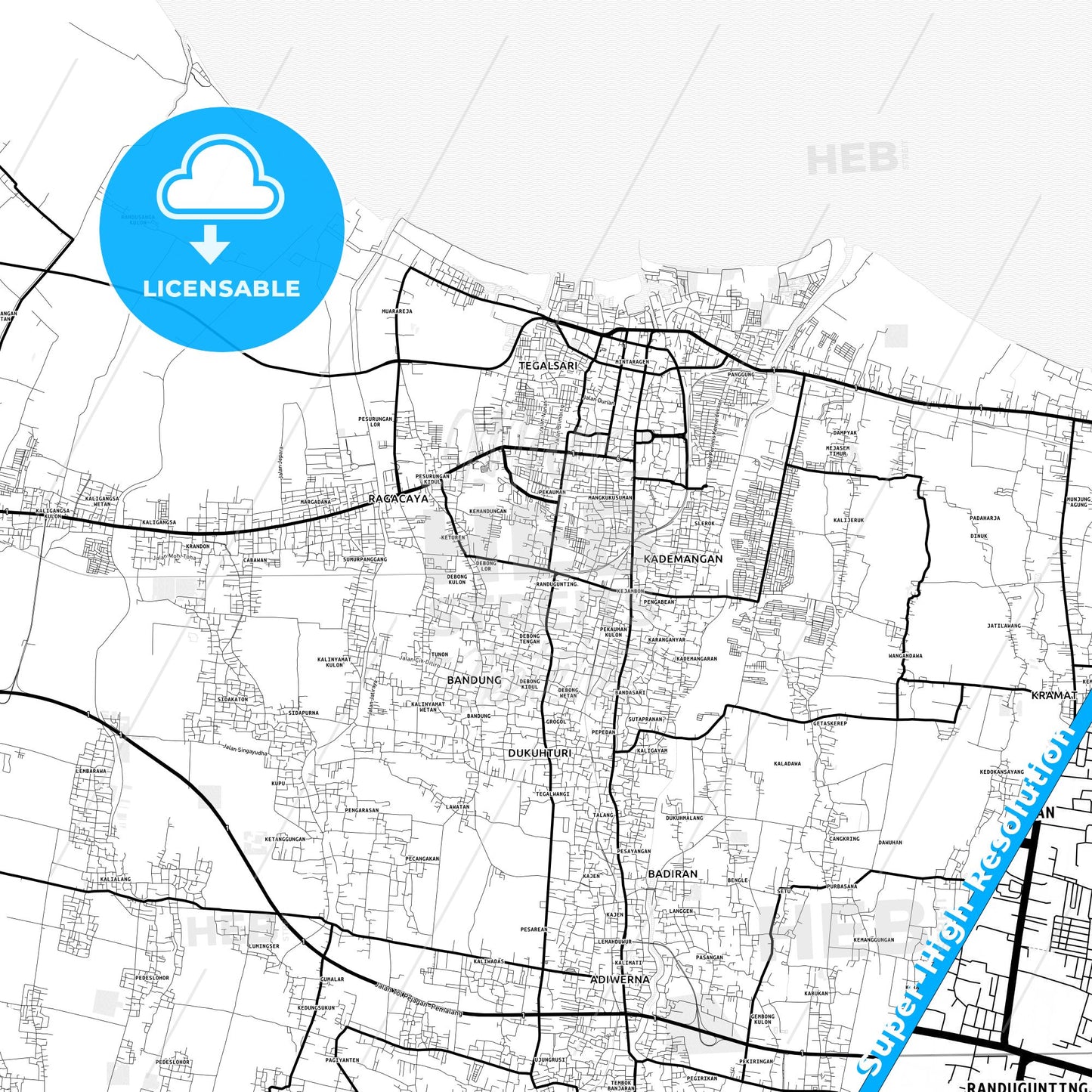 Tegal, Indonesia Light Map with Street Names, City Names, and Districts