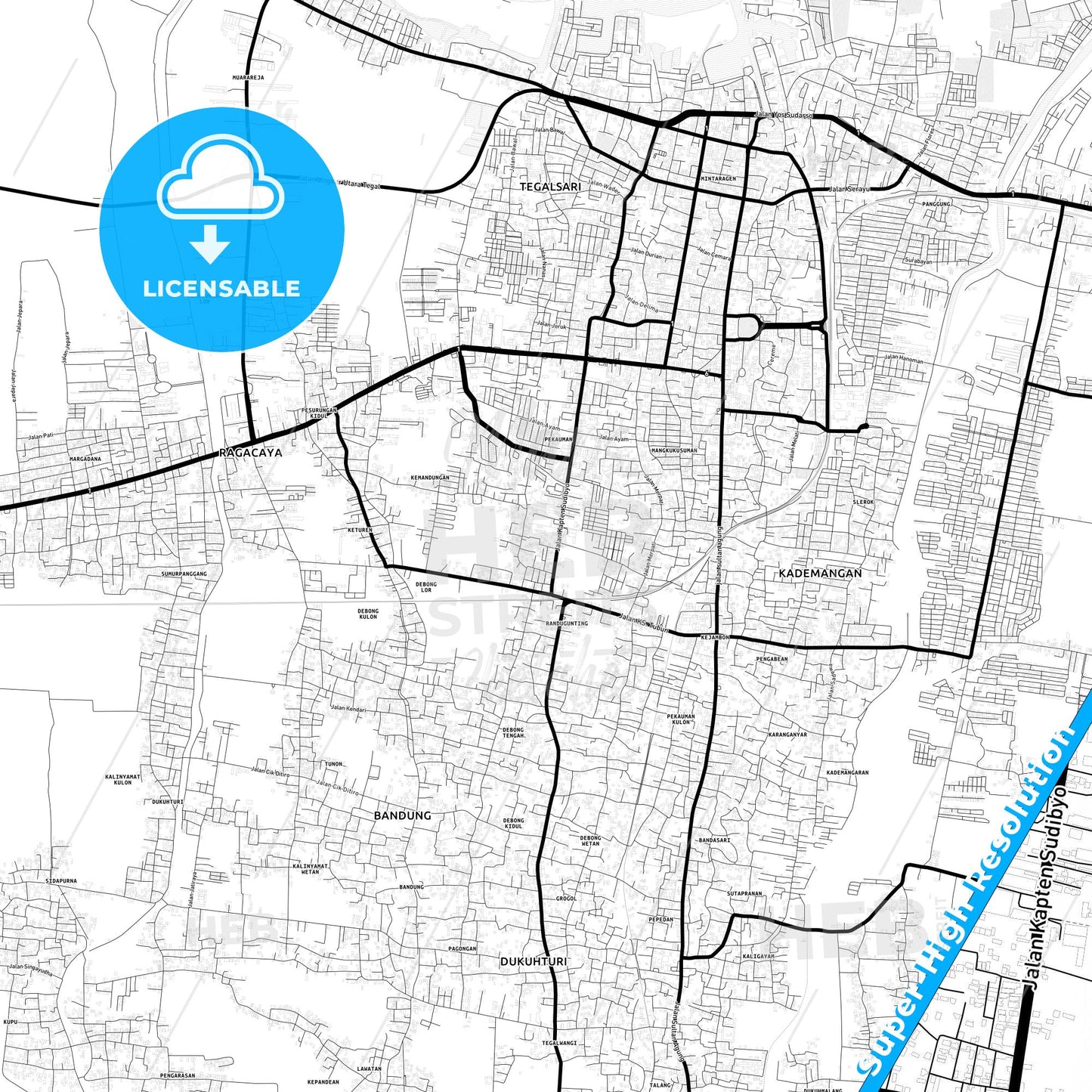 Tegal, Indonesia Light Map with Street Names, City Names, and Districts