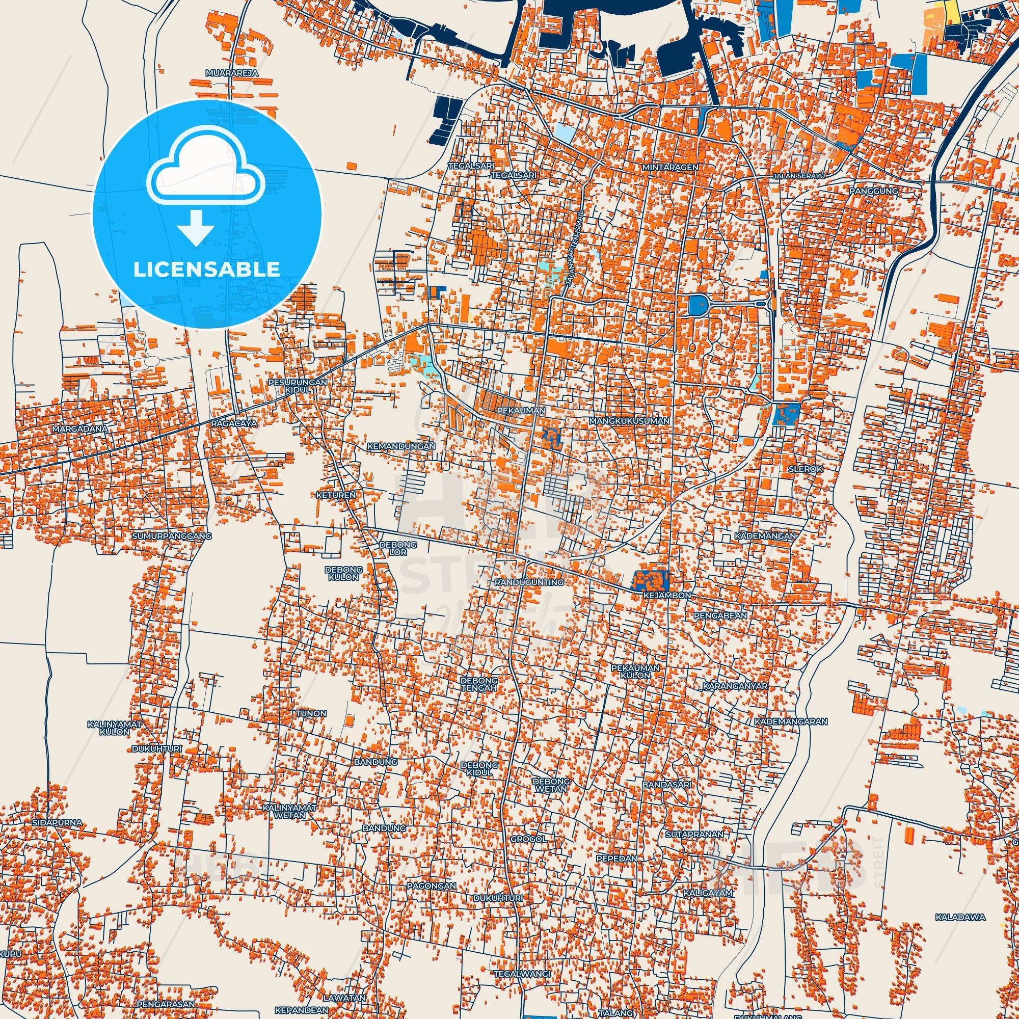 Colorful Tegal Street Map With Labels And Buildings – HEBSTREITS