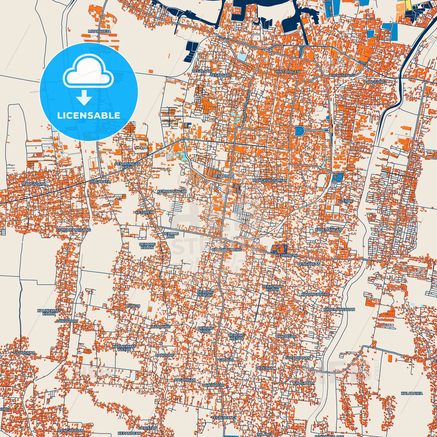 Colorful Tegal Street Map with Labels and Buildings