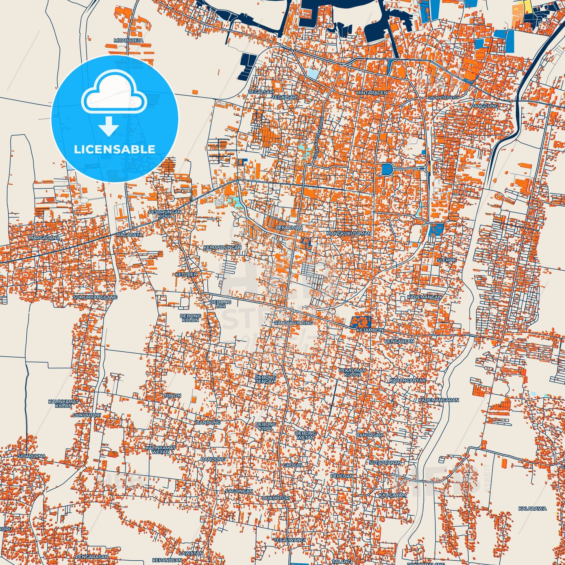 Colorful Tegal Street Map with Labels and Buildings