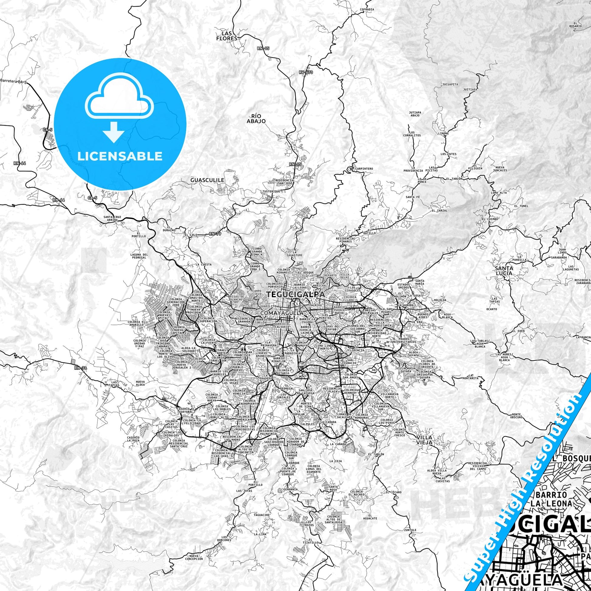 Tegucigalpa, Honduras light map with streetnames, citynames and districts