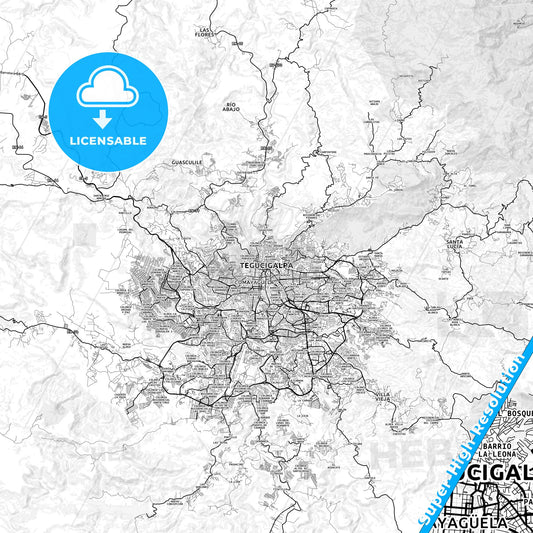 Tegucigalpa, Honduras light map with streetnames, citynames and districts