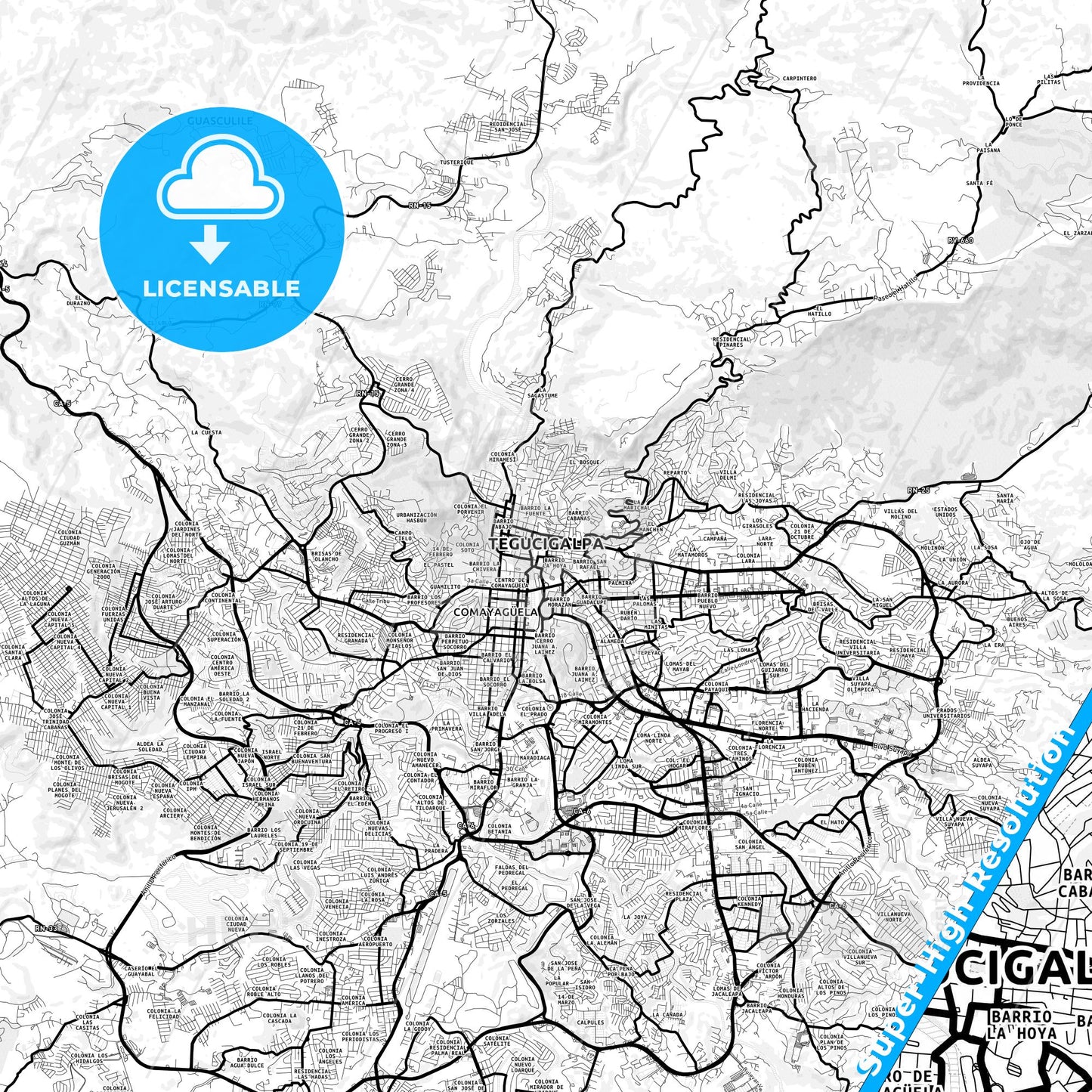 Tegucigalpa, Honduras Light Map with Street Names, City Names, and Districts