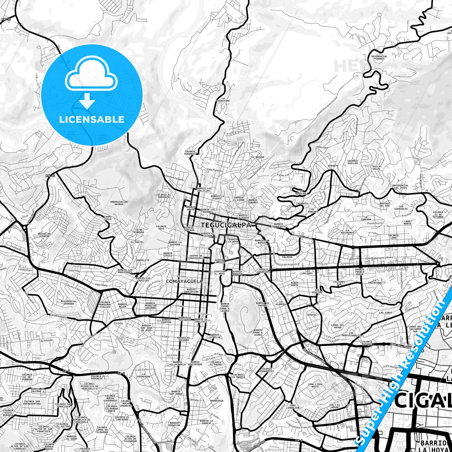 Tegucigalpa, Honduras Light Map with Street Names, City Names, and Districts