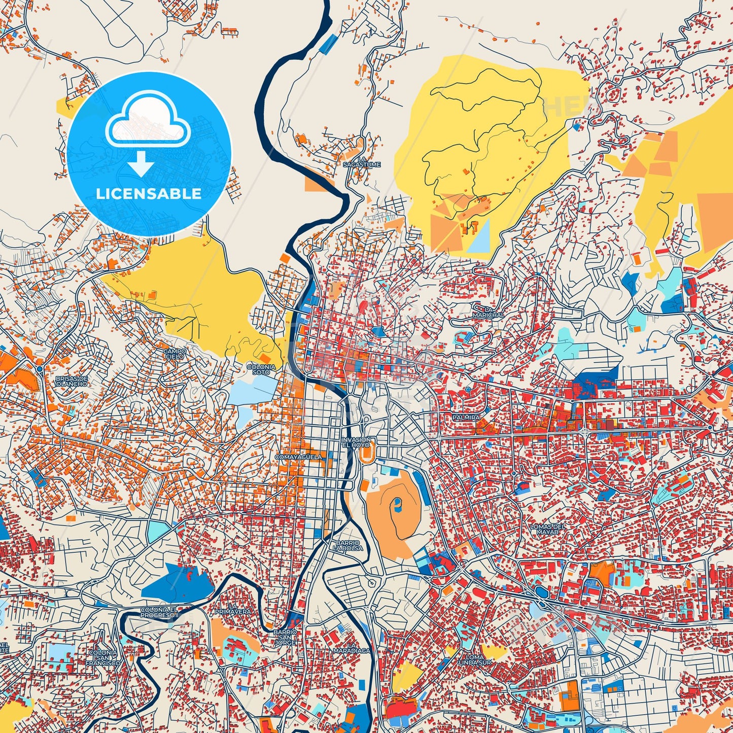 Colorful Tegucigalpa Street Map with Labels and Buildings