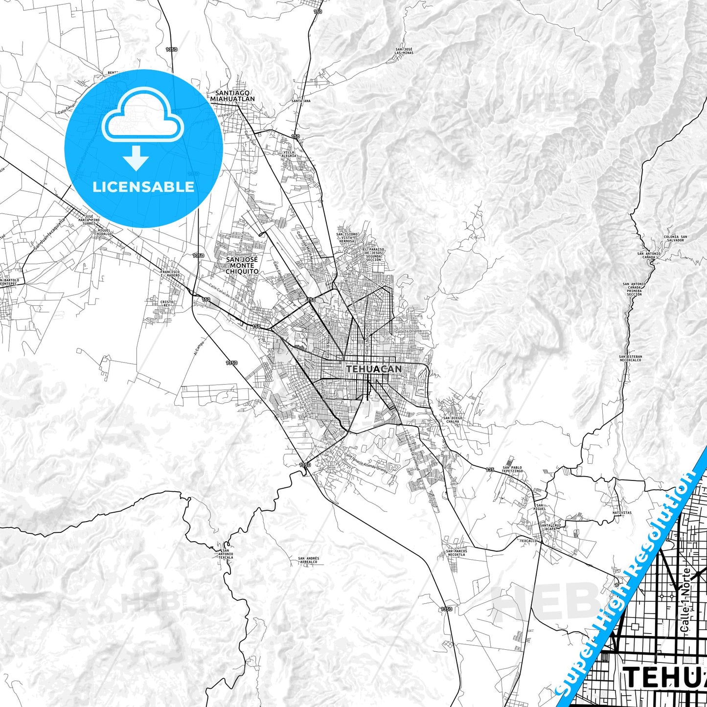 Tehuacán, Mexico light map with streetnames, citynames and districts