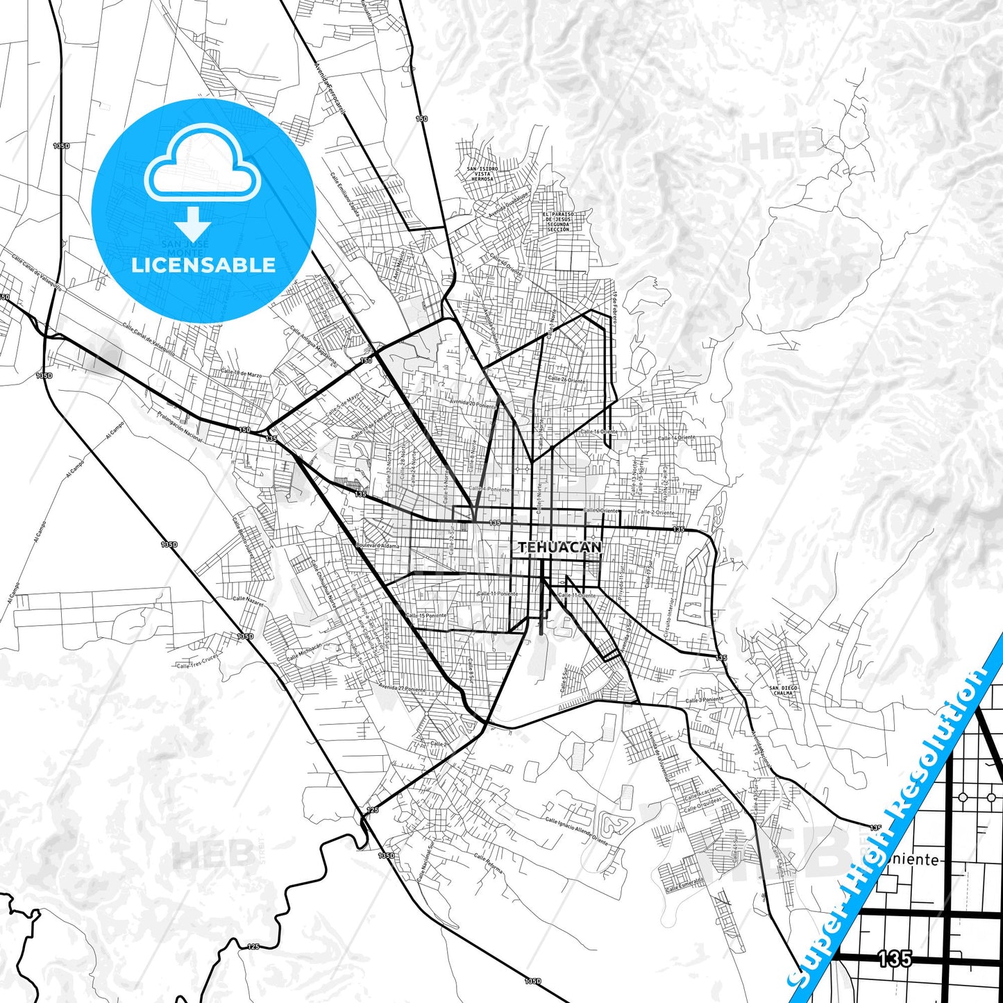 Tehuacán, Mexico Light Map with Street Names, City Names, and Districts