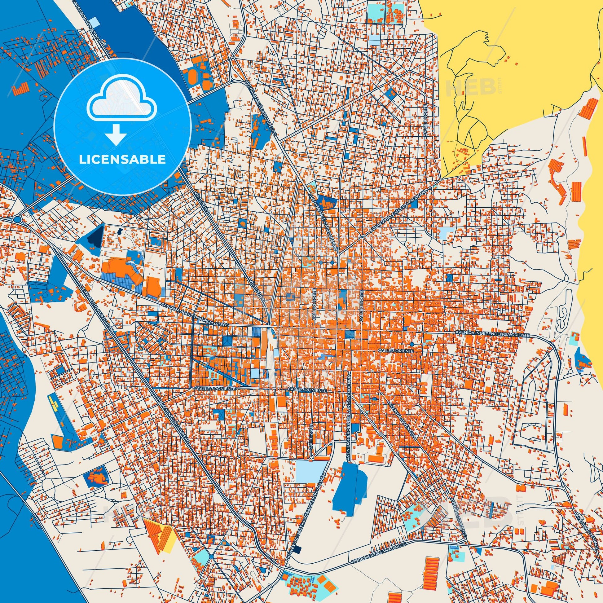 Colorful Tehuacán Street Map with Labels and Buildings