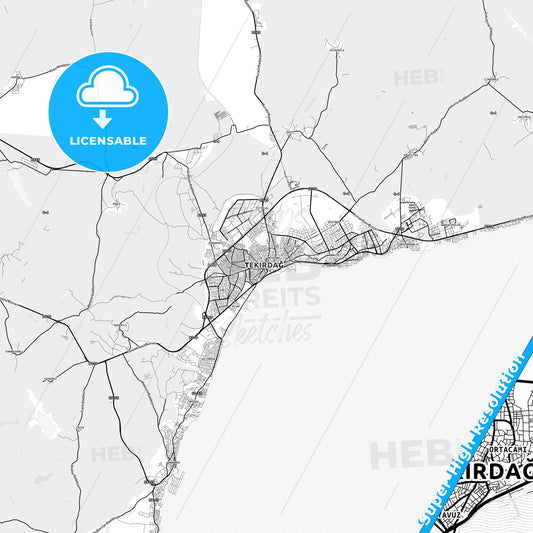 Tekirdağ, Turkey light map with streetnames, citynames and districts