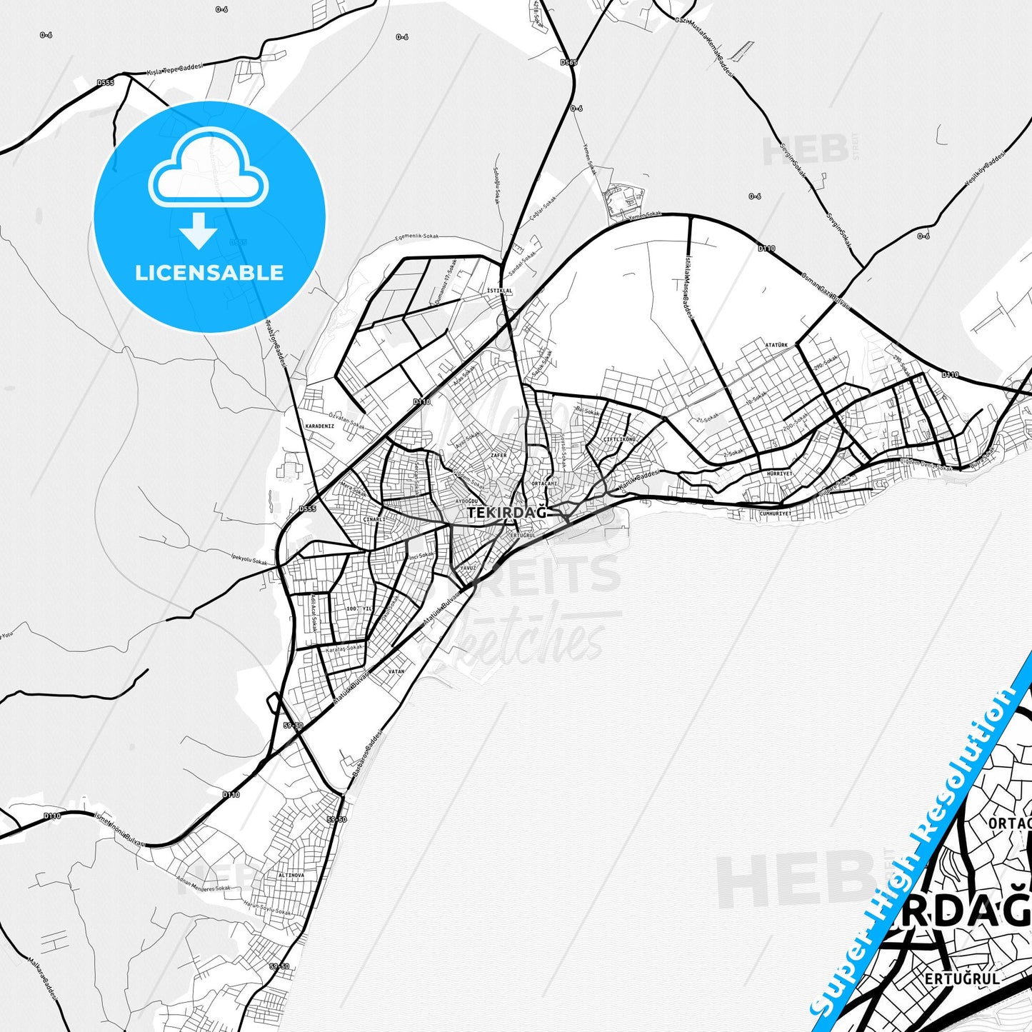 Tekirdağ, Turkey Light Map with Street Names, City Names, and Districts