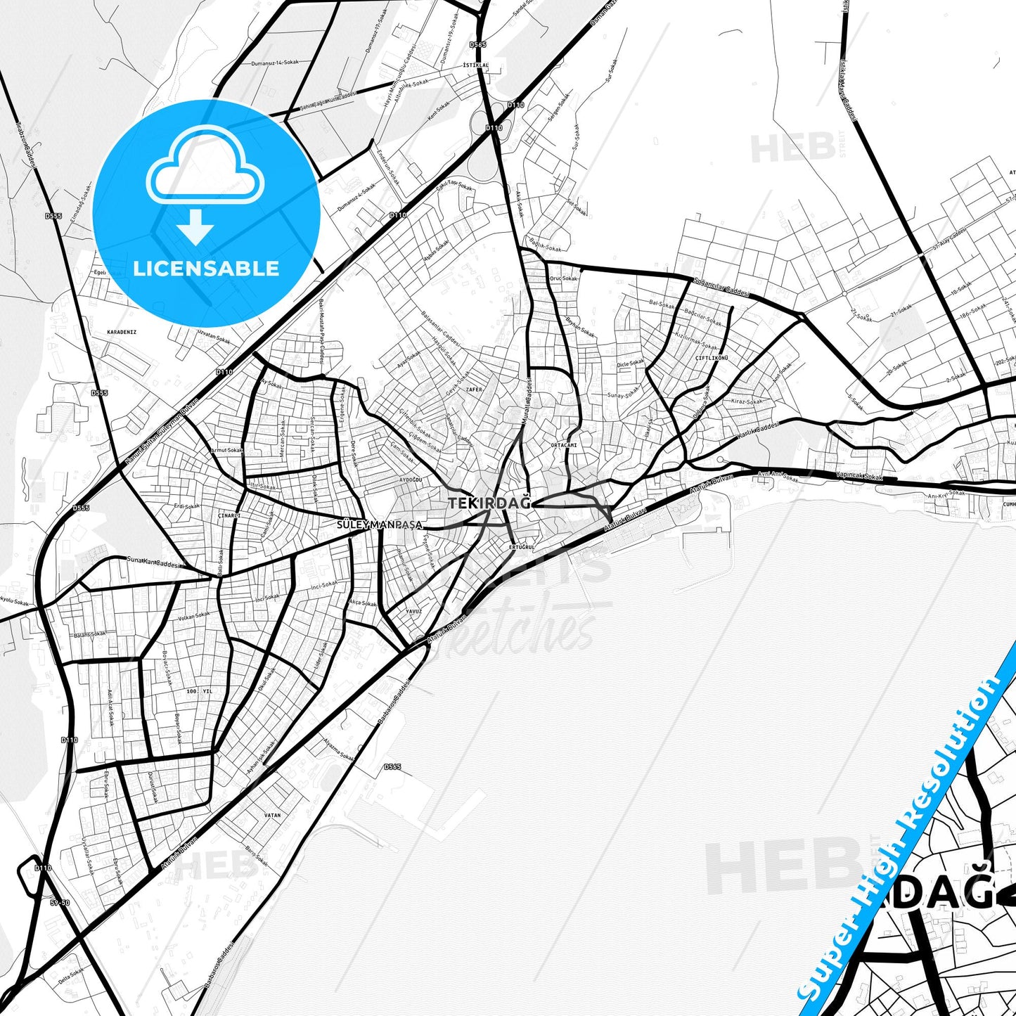 Tekirdağ, Turkey Light Map with Street Names, City Names, and Districts