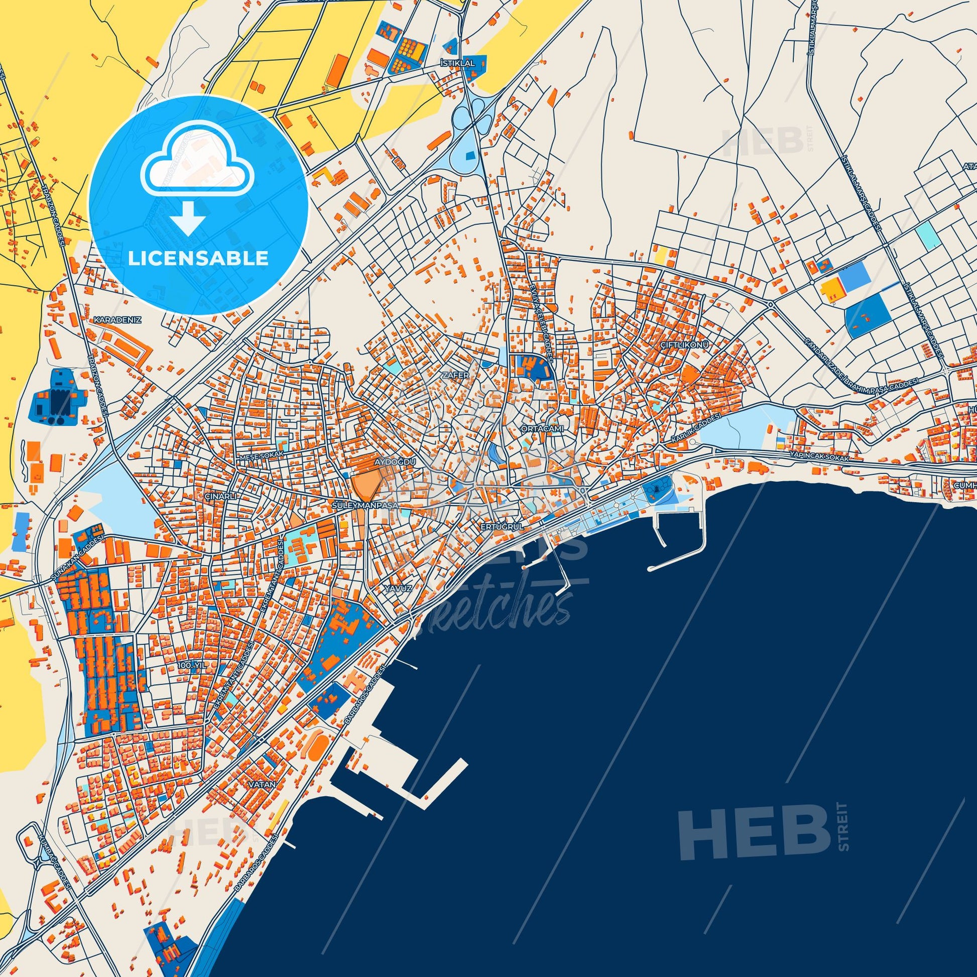 Colorful Tekirdağ Street Map with Labels and Buildings