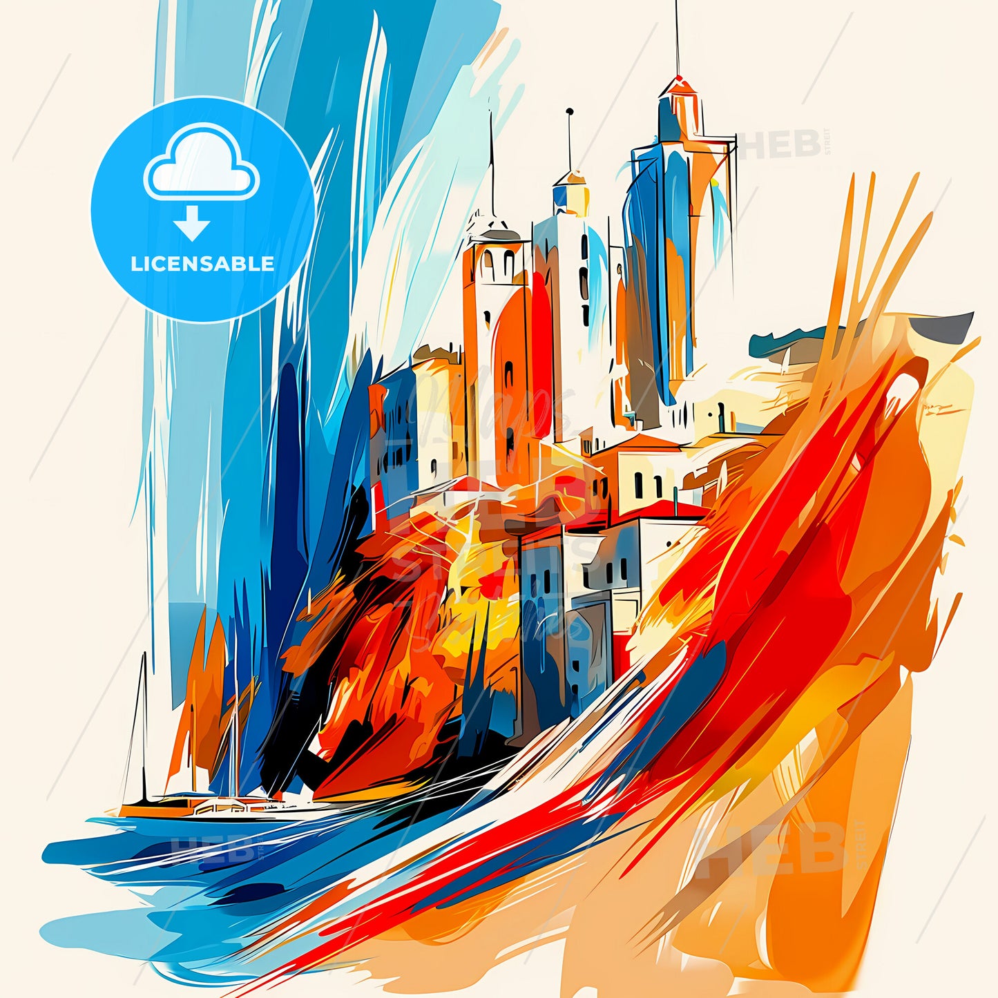 Vibrant Tel Aviv-Yafo, Israel - A Colorful Painting Of Buildings And Boats