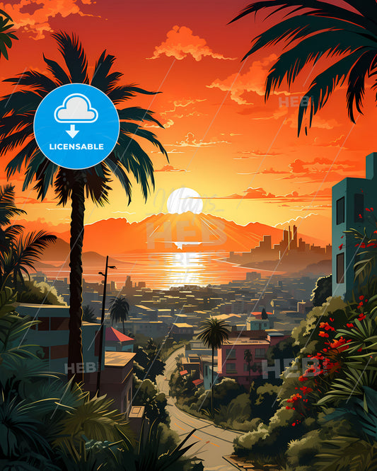 Vibrant Artistic Skyline Sunset Painting of Tel Aviv-Yafo Israel City