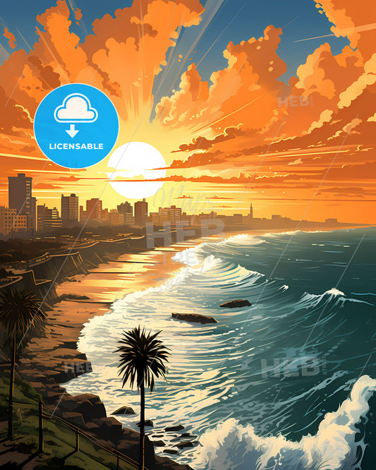 Tel Aviv-Yafo Israel Skyline at Sunset Over Beach Artistic Painting Modern Art