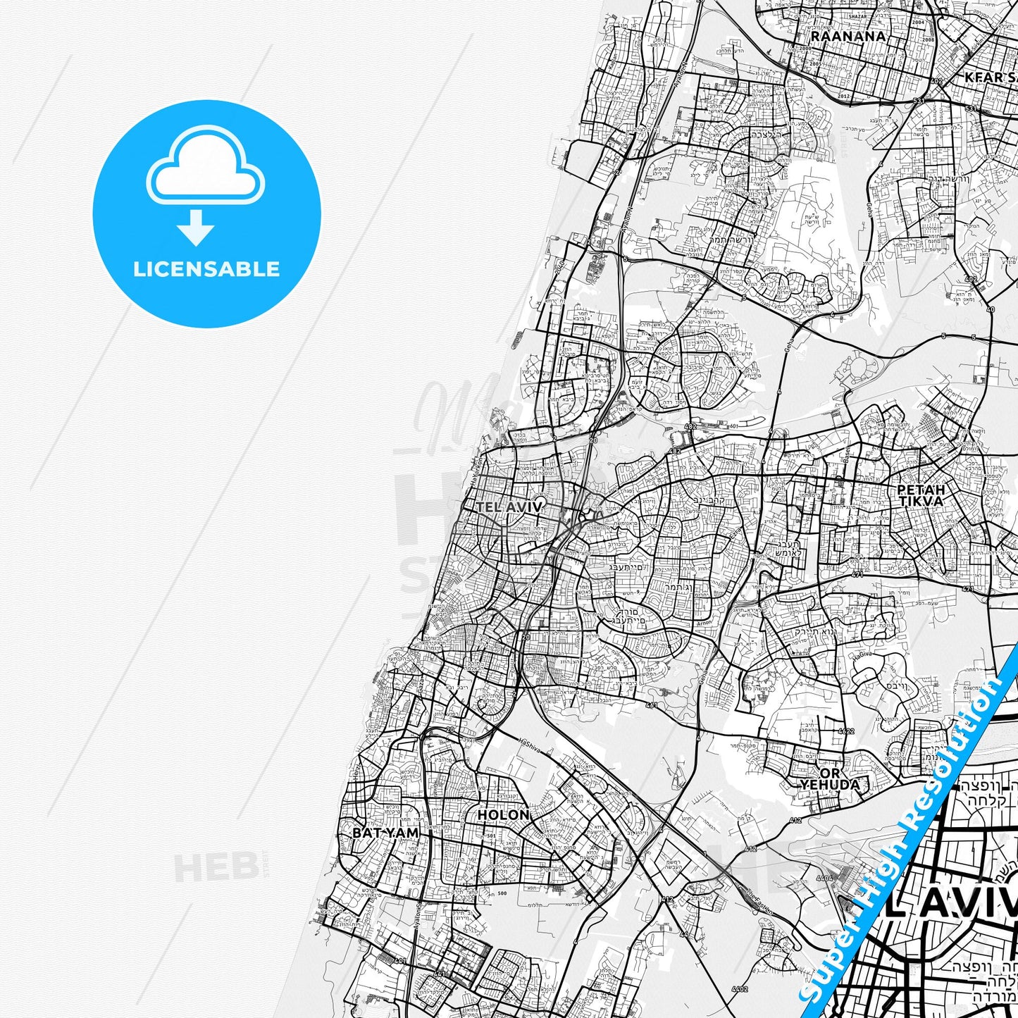 Tel Aviv-Yafo, Israel light map with streetnames, citynames and districts