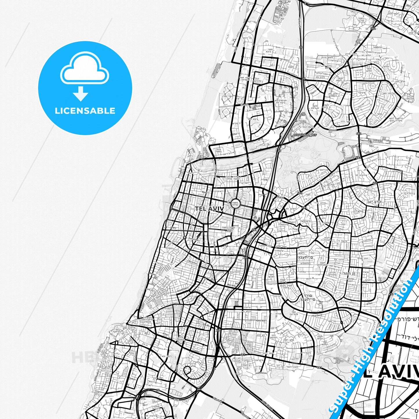 Tel Aviv-Yafo, Israel Light Map with Street Names, City Names, and Districts
