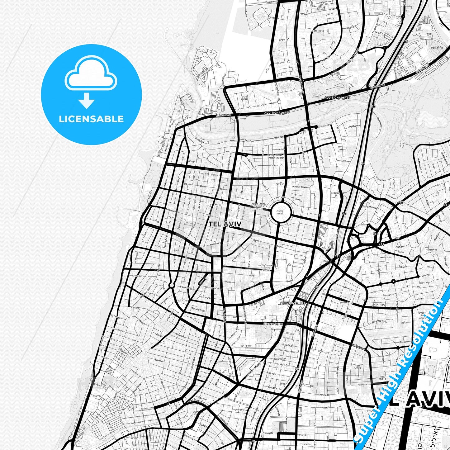 Tel Aviv-Yafo, Israel Light Map with Street Names, City Names, and Districts