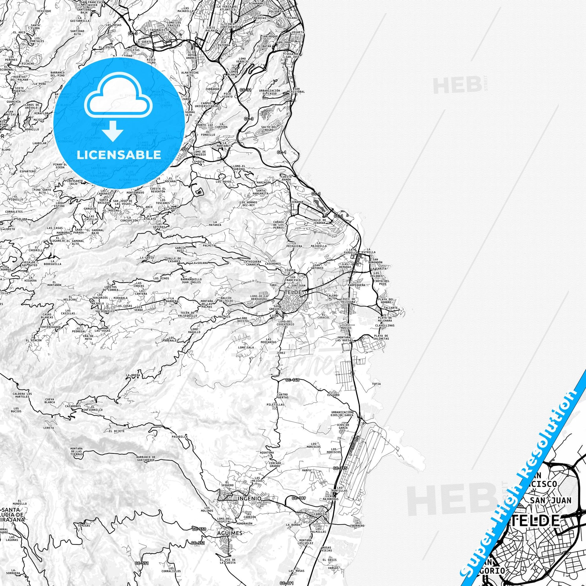 Telde, Spain light map with streetnames, citynames and districts