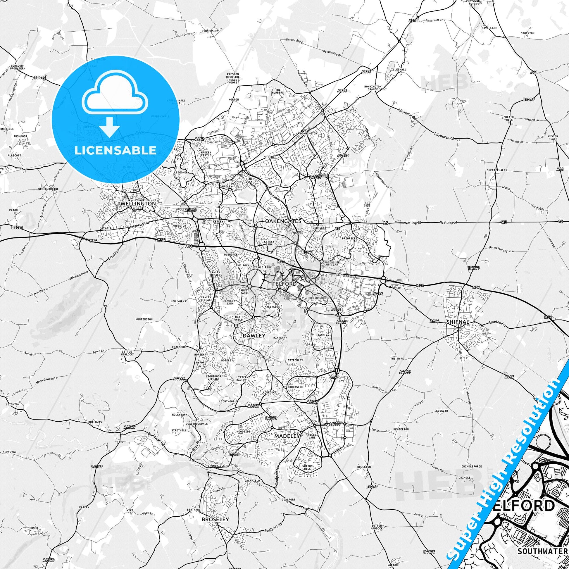Telford, England light map with streetnames, citynames and districts