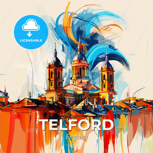 Vibrant Telford, England - A Painting Of A Building With Towers And A Colorful Background - Square format print template