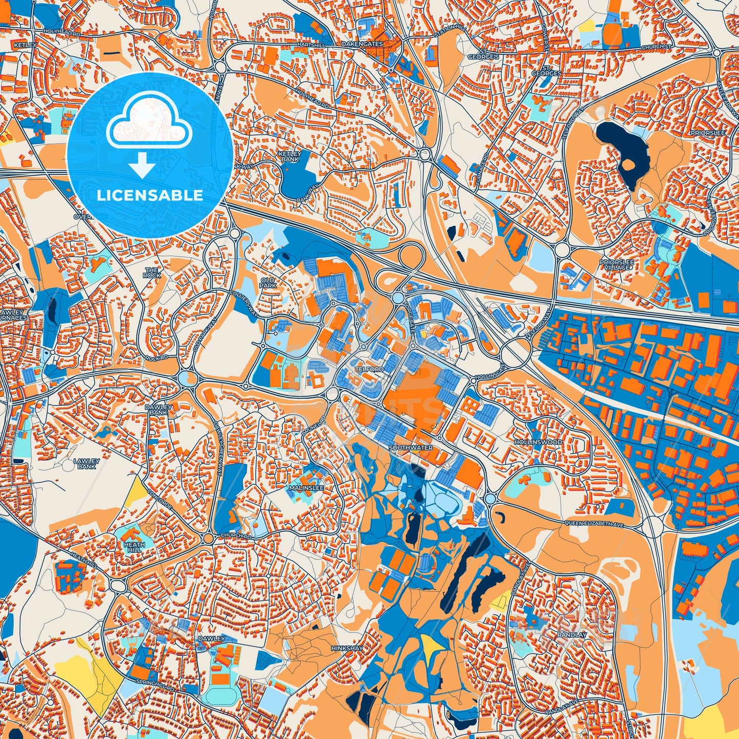 Colorful Telford Street Map with Labels and Buildings