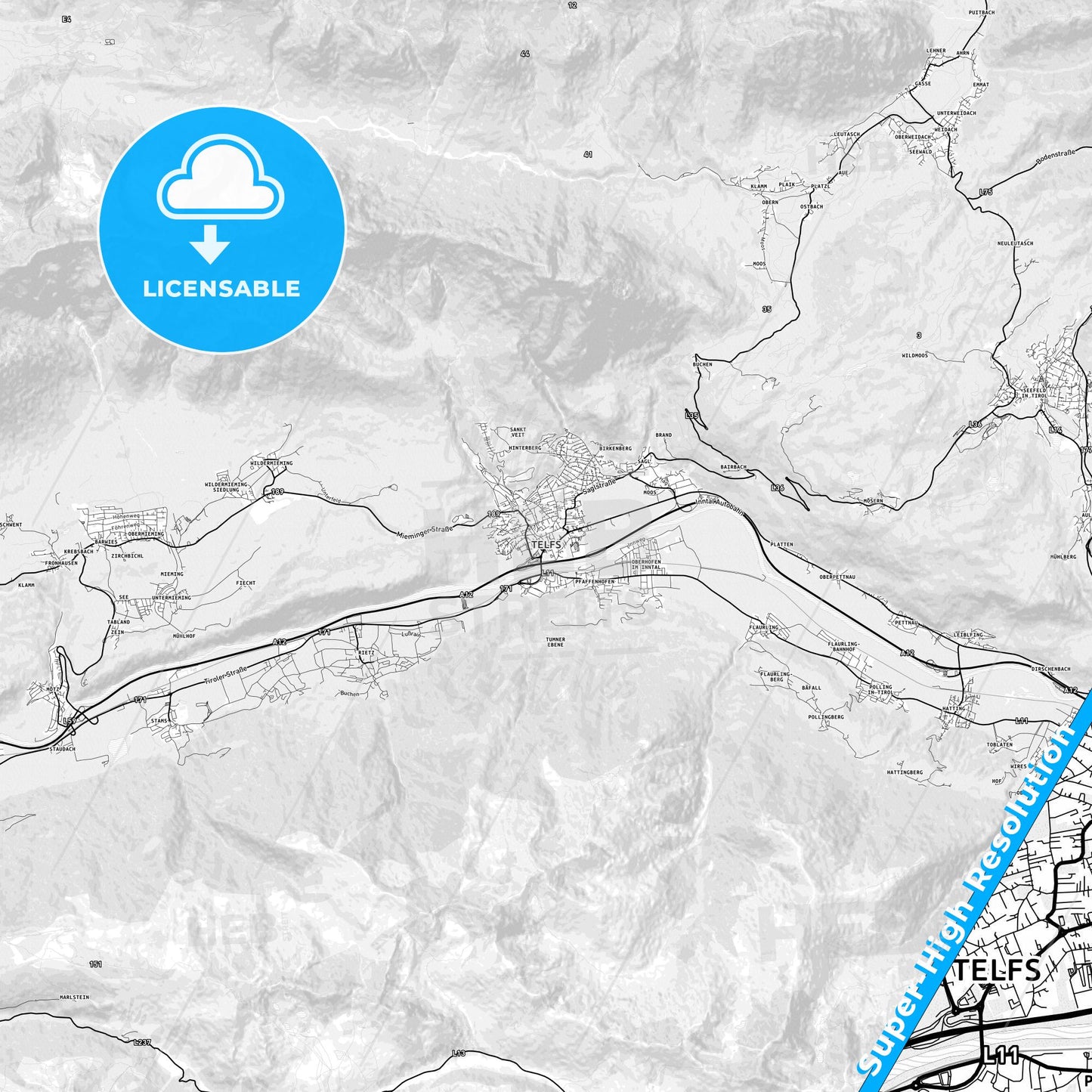 Telfs, Austria light map with streetnames, citynames and districts