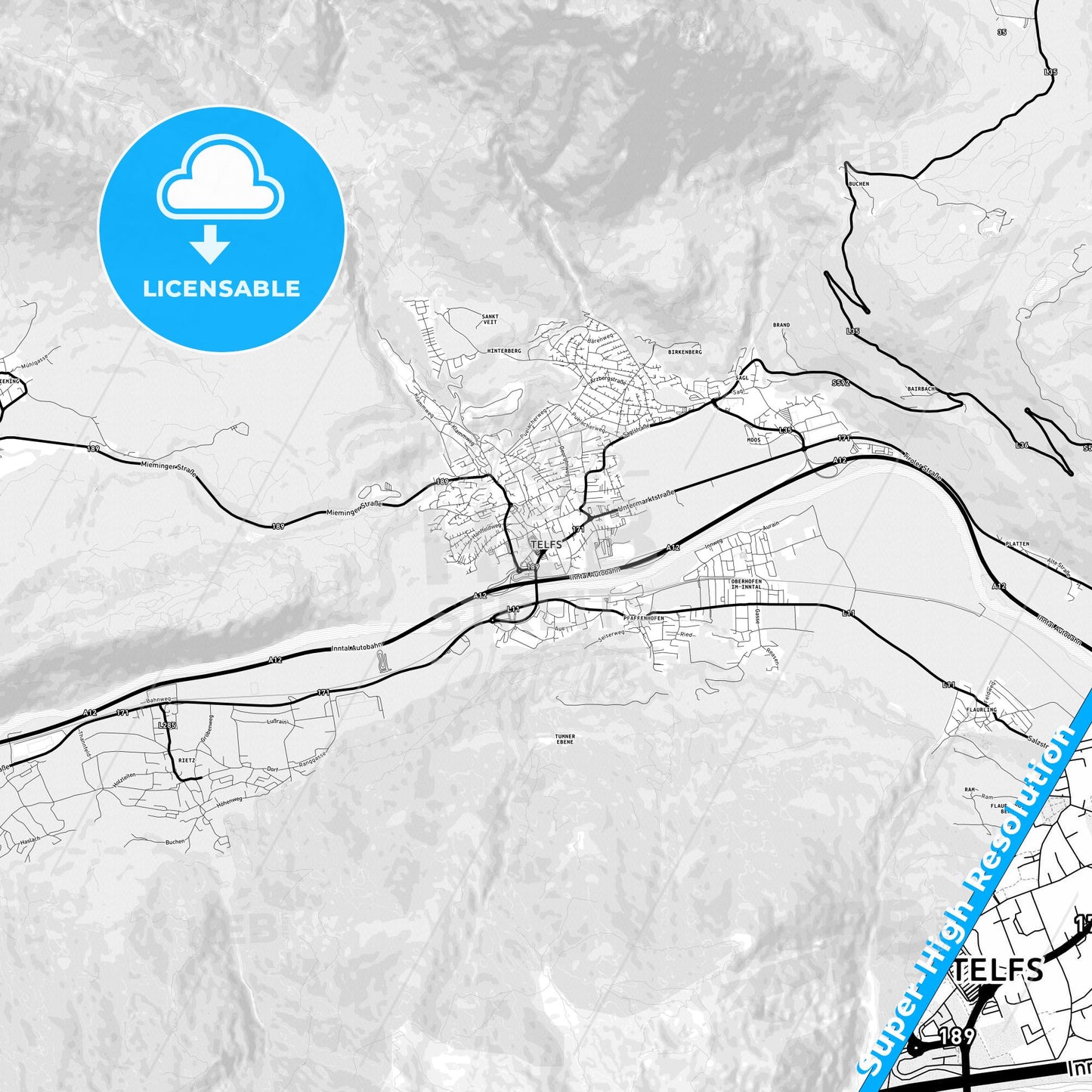 Telfs, Austria Light Map with Street Names, City Names, and Districts