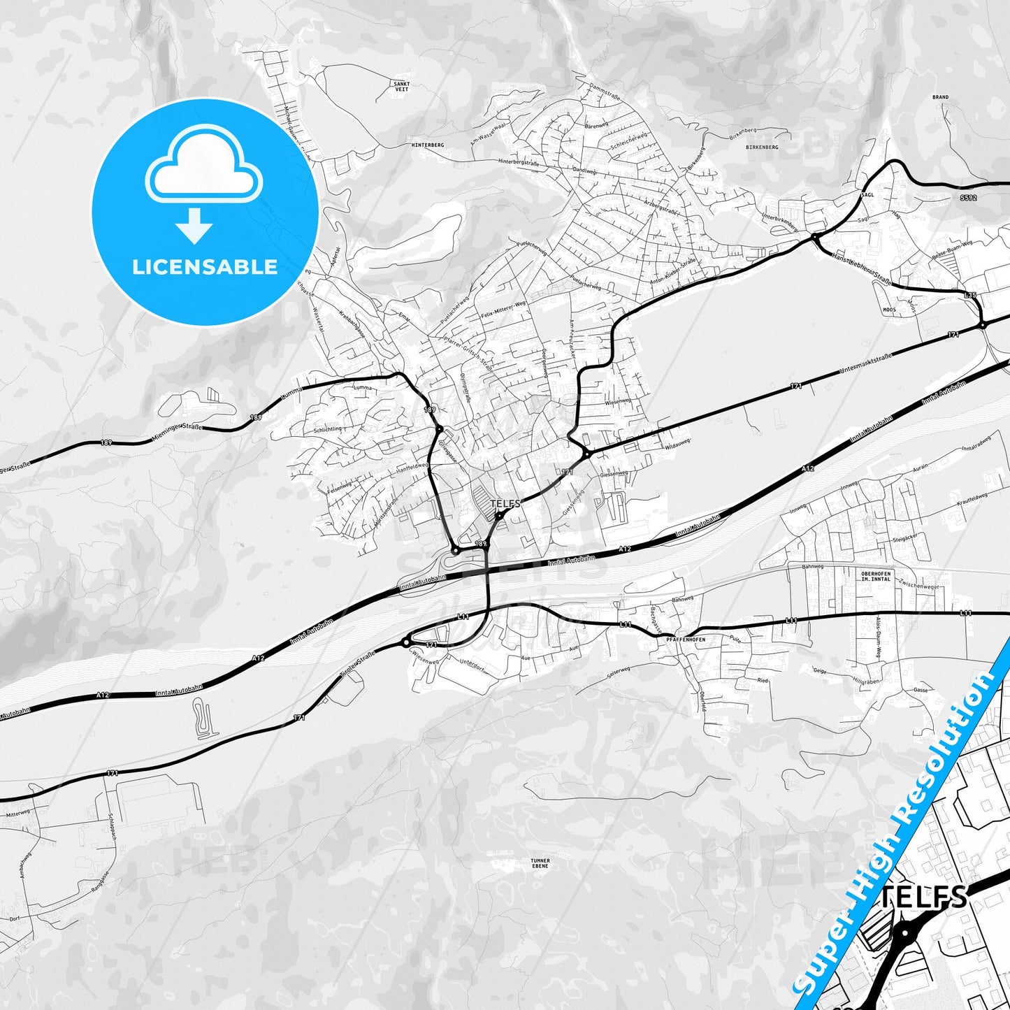Telfs, Austria Light Map with Street Names, City Names, and Districts