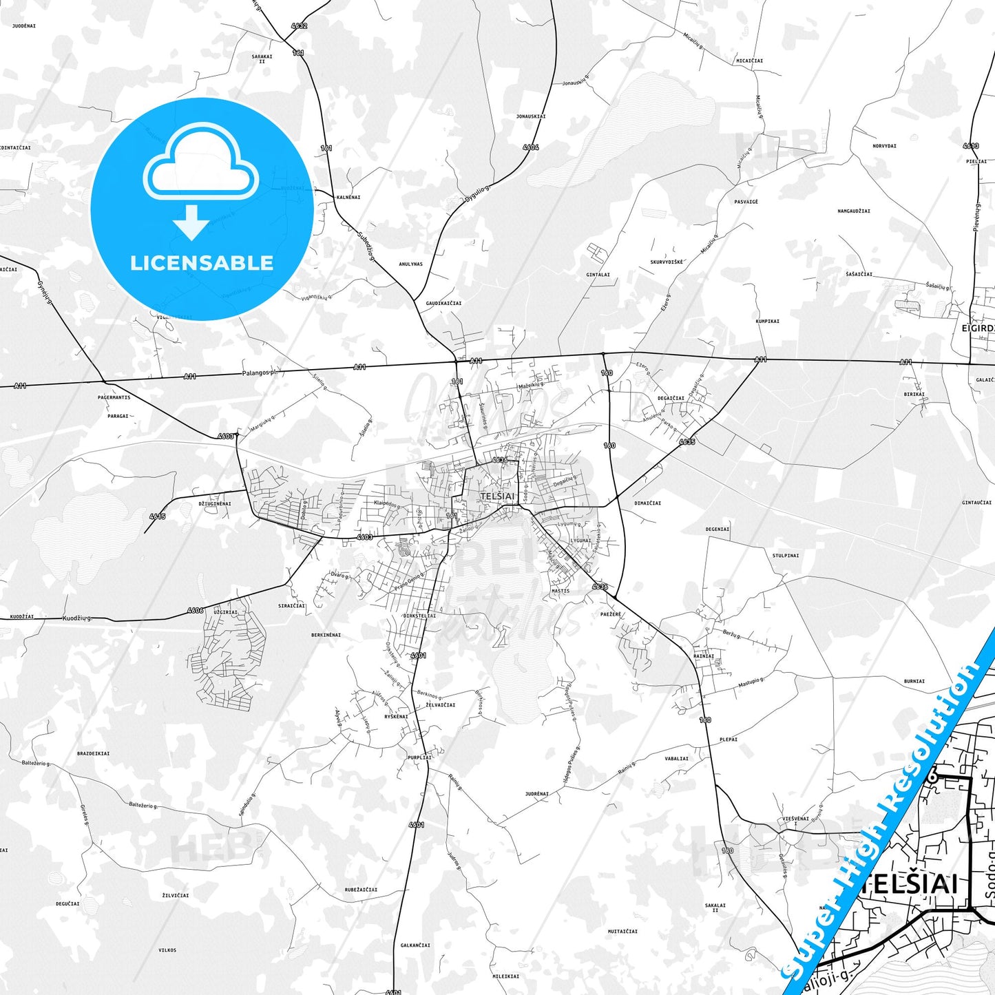 Telšiai, Lithuania light map with streetnames, citynames and districts