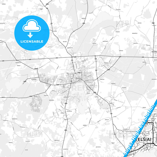 Telšiai, Lithuania light map with streetnames, citynames and districts