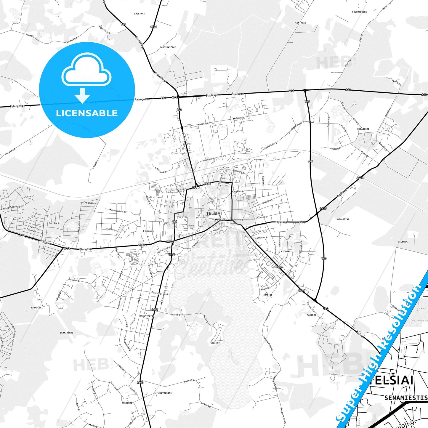 Telšiai, Lithuania Light Map with Street Names, City Names, and Districts