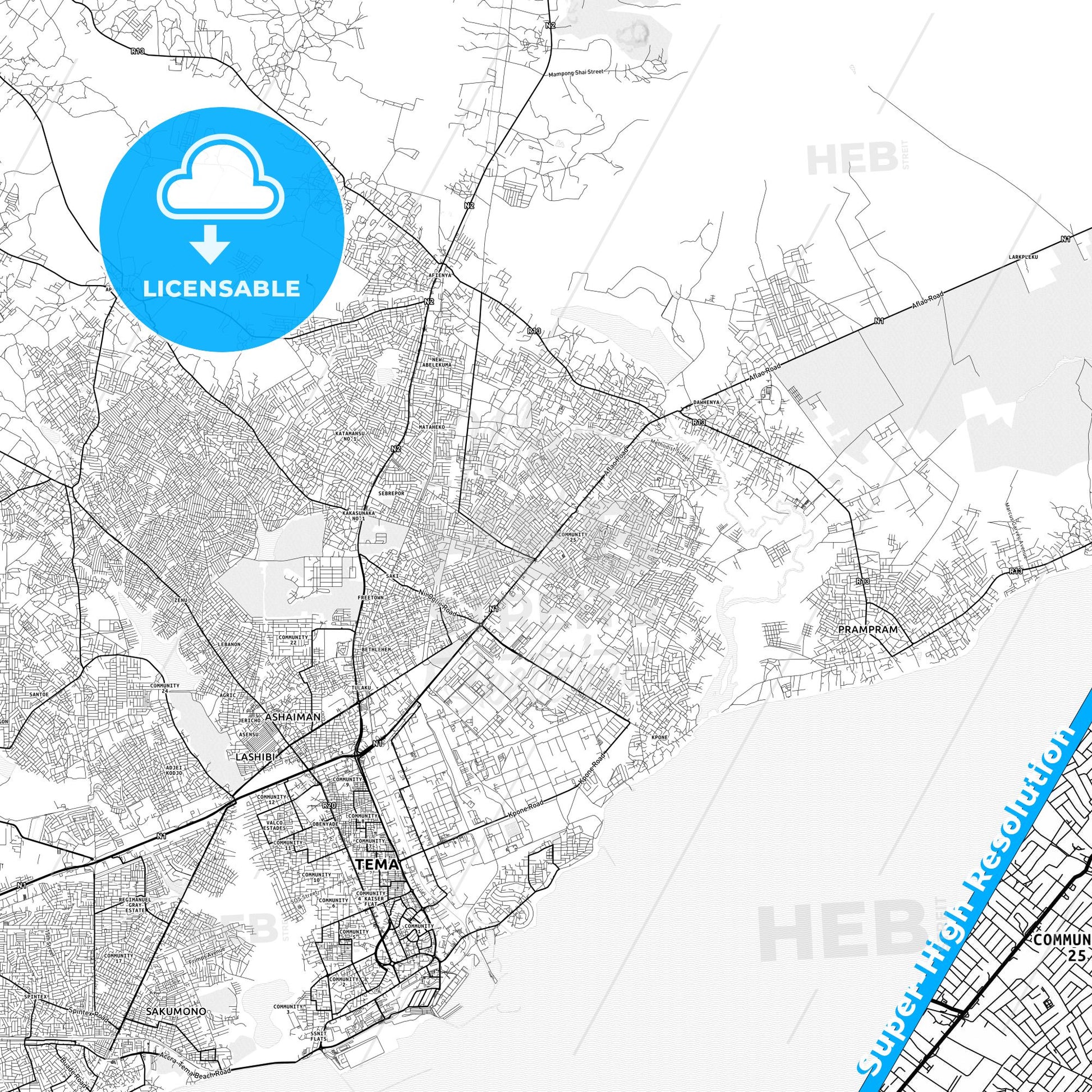 Tema, Ghana light map with streetnames, citynames and districts