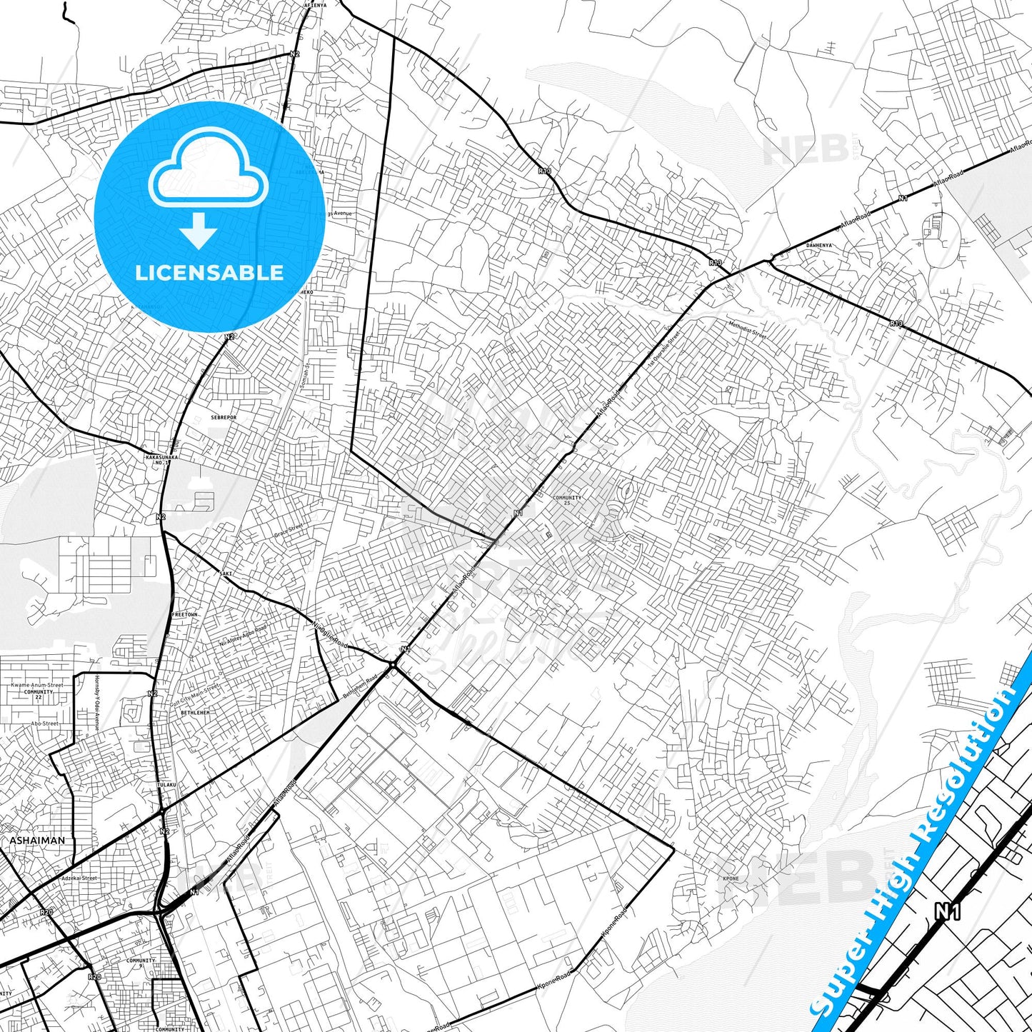 Tema, Ghana Light Map with Street Names, City Names, and Districts