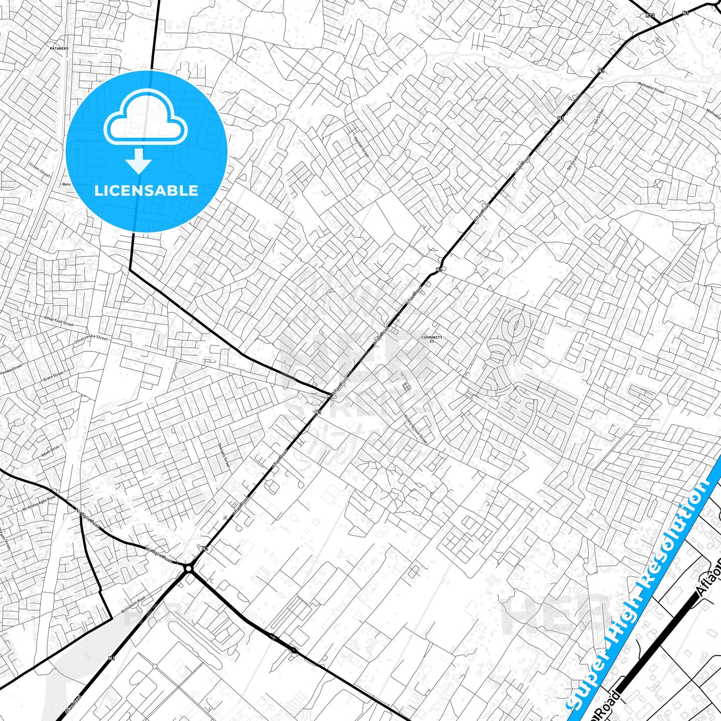 Tema, Ghana Light Map with Street Names, City Names, and Districts