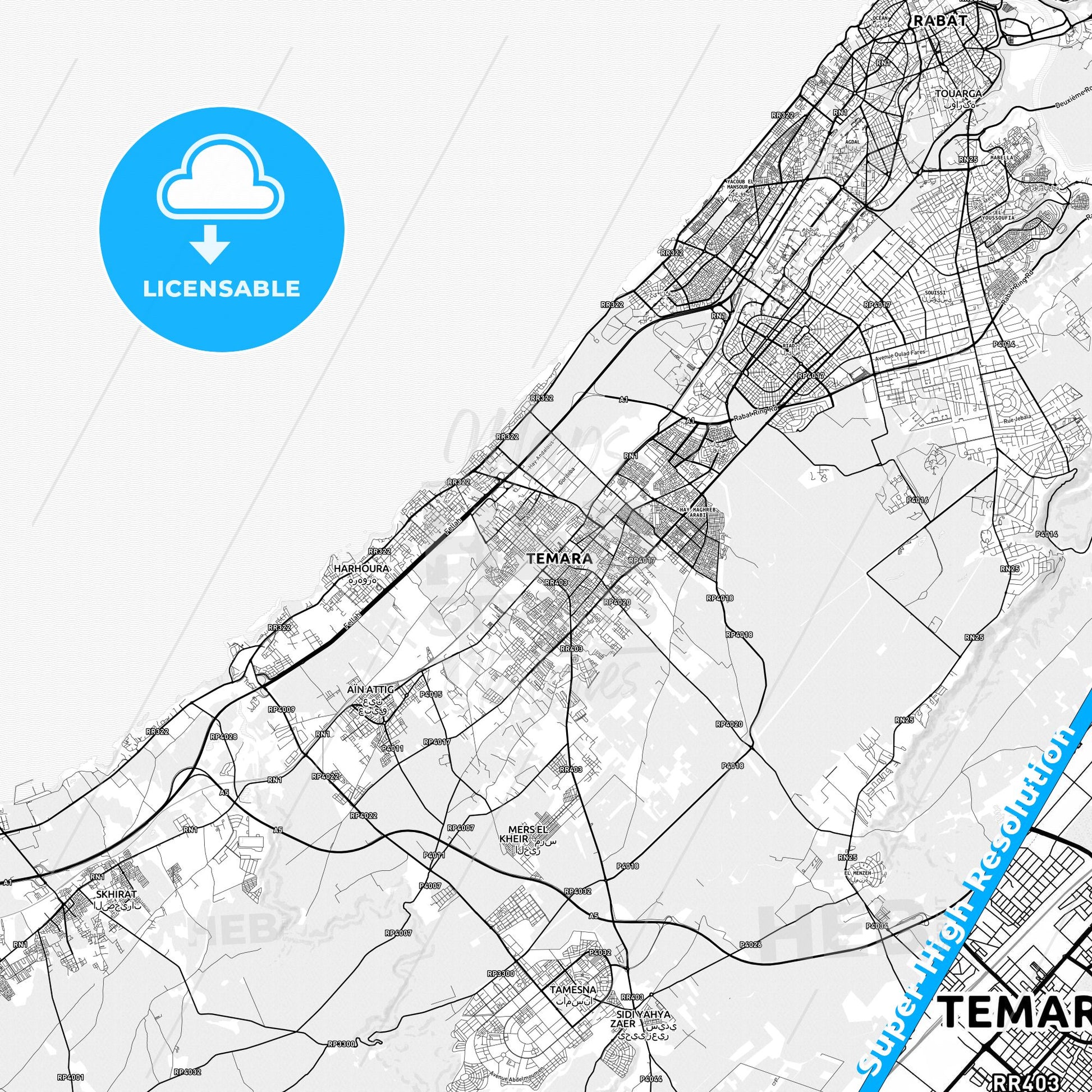 Temara, Morocco light map with streetnames, citynames and districts
