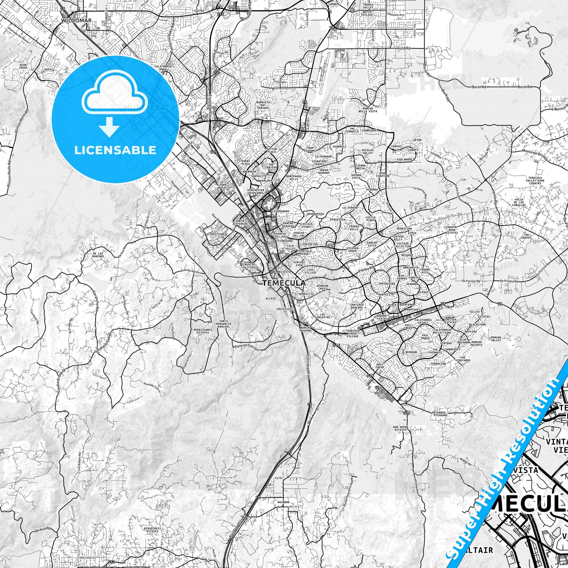 Temecula, California light map with streetnames, citynames and districts