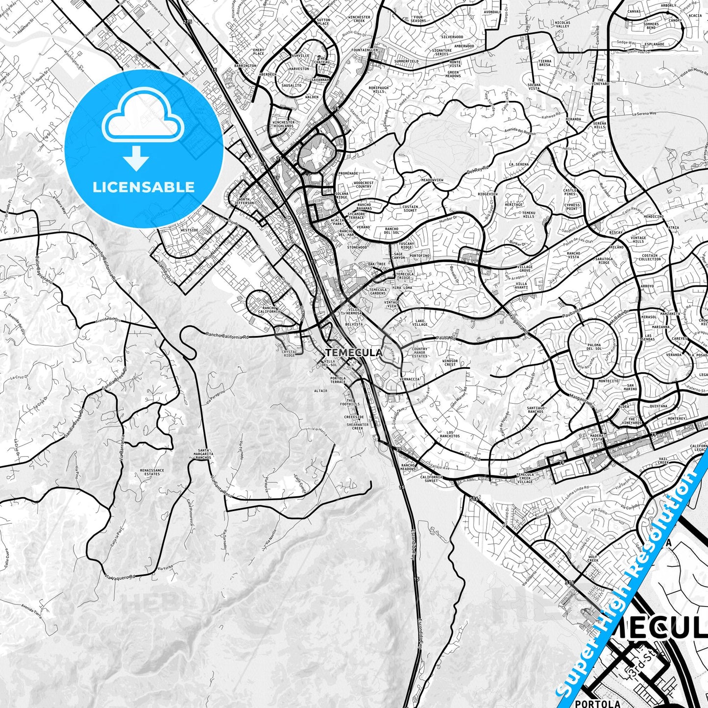 Temecula, California Light Map with Street Names, City Names, and Districts