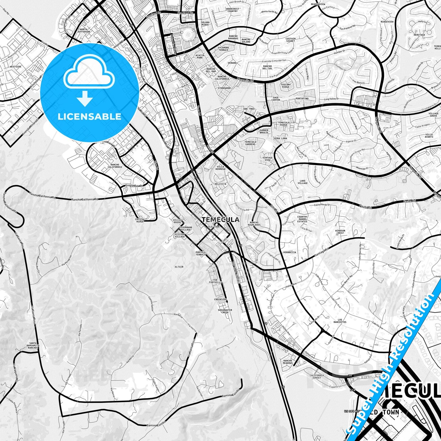 Temecula, California Light Map with Street Names, City Names, and Districts