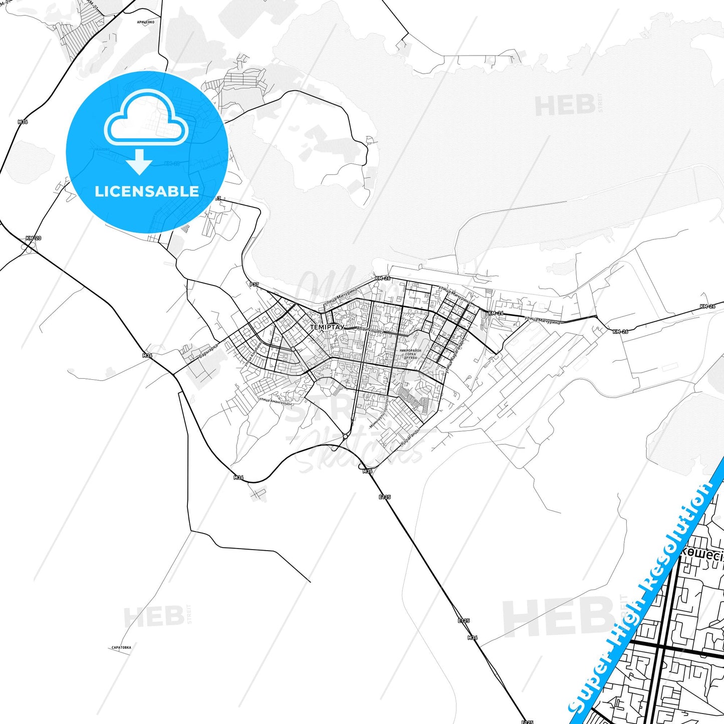 Temirtau, Kazakhstan light map with streetnames, citynames and districts
