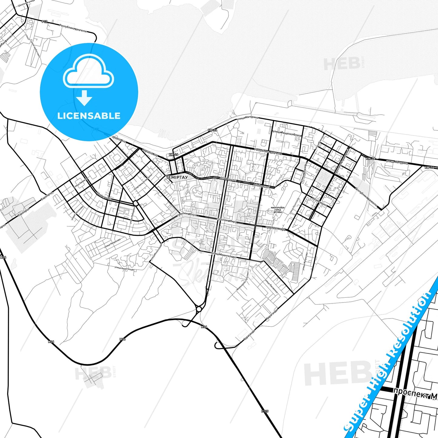 Temirtau, Kazakhstan Light Map with Street Names, City Names, and Districts