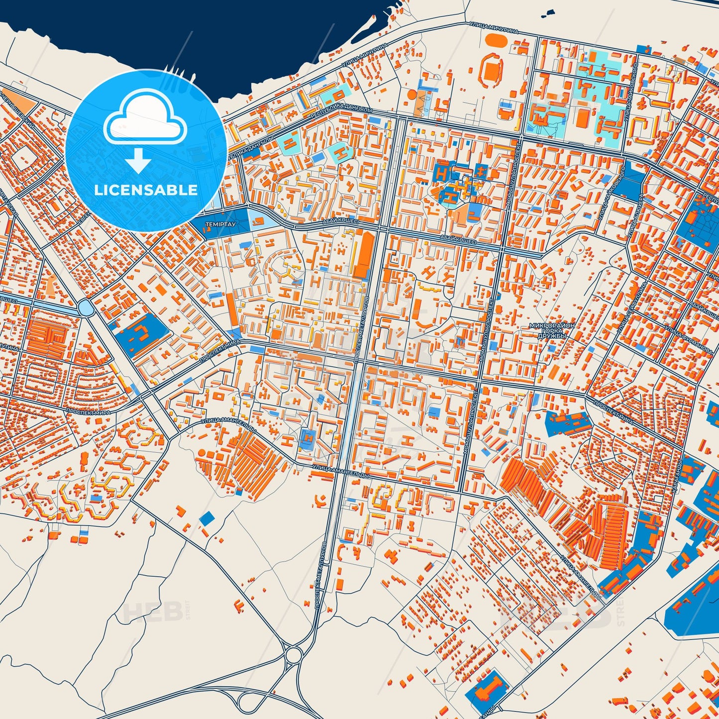 Colorful Temirtau Street Map with Labels and Buildings