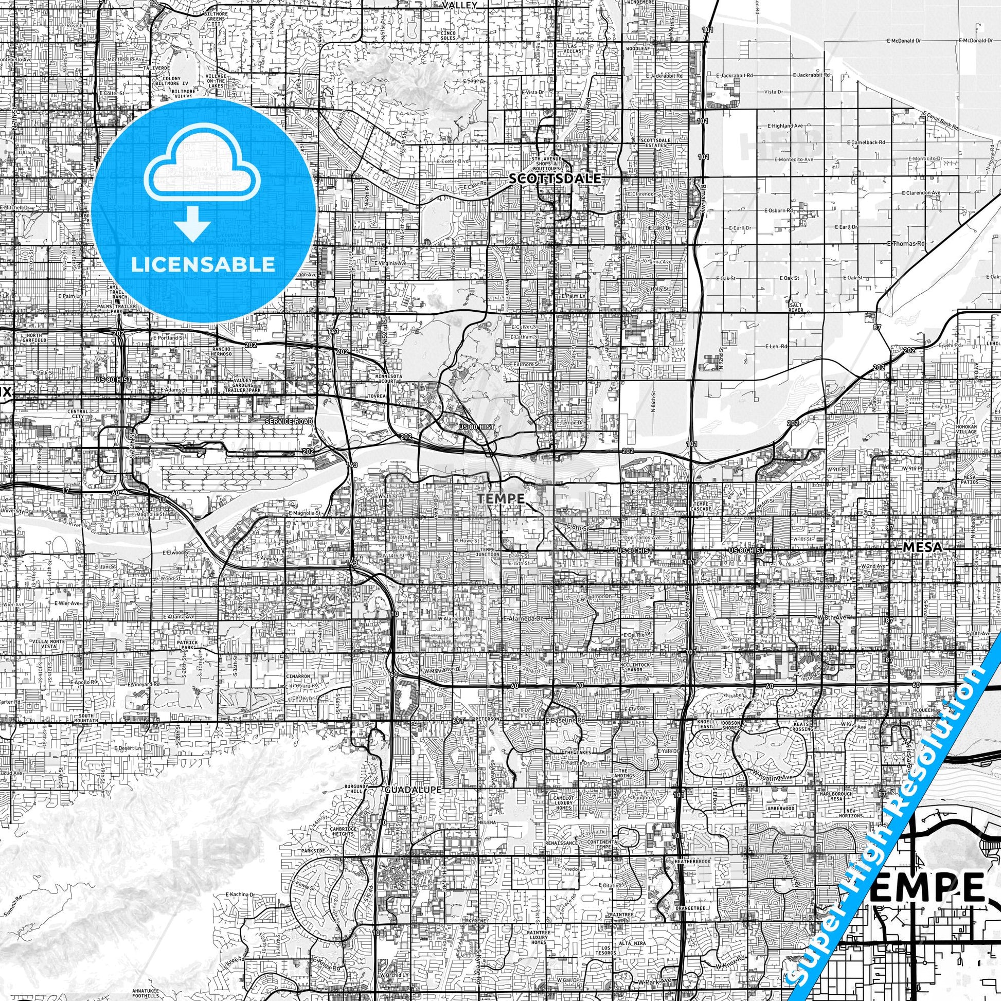 Tempe, Arizona light map with streetnames, citynames and districts