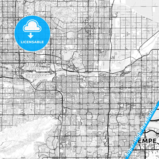 Tempe, Arizona light map with streetnames, citynames and districts