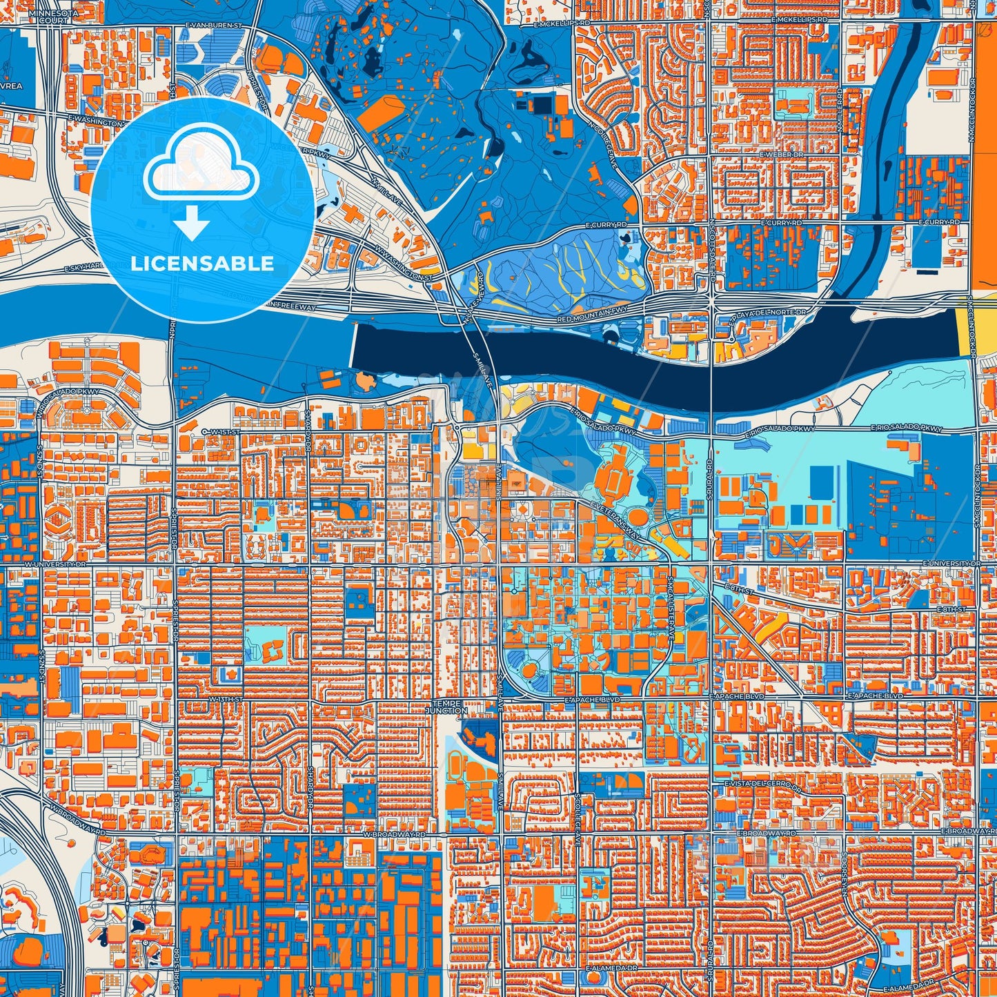 Colorful Tempe Street Map with Labels and Buildings